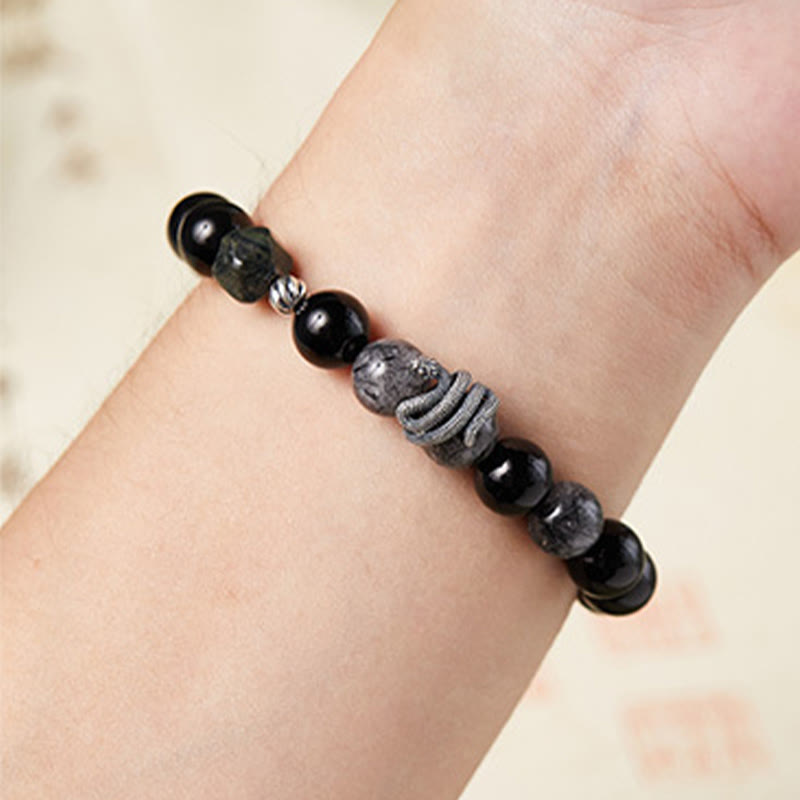 Black Obsidian Black Rutilated Quartz 925 Sterling Silver Year Of The Snake Purification Bracelet