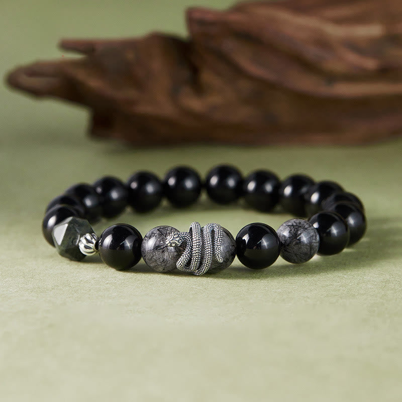 Black Obsidian Black Rutilated Quartz 925 Sterling Silver Year Of The Snake Purification Bracelet