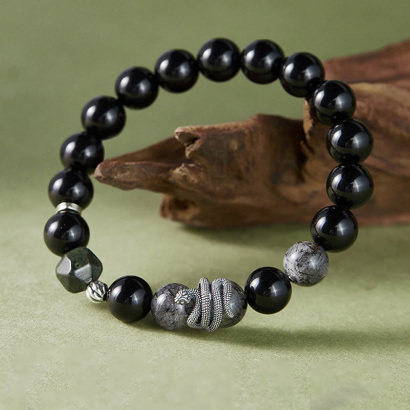 Black Obsidian Black Rutilated Quartz 925 Sterling Silver Year Of The Snake Purification Bracelet