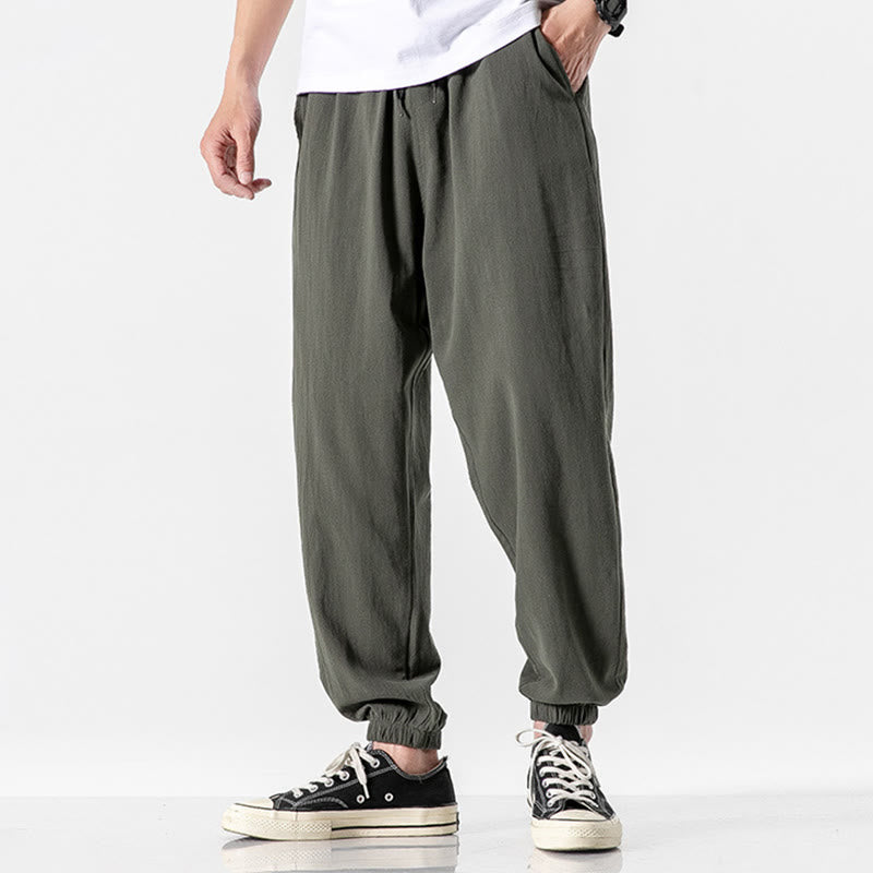 Solid Color Drawstring Cotton Men's Pants With Pockets