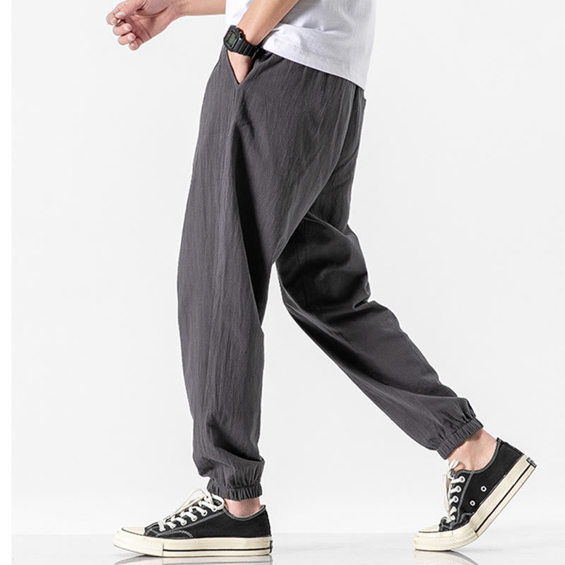 Solid Color Drawstring Cotton Men's Pants With Pockets