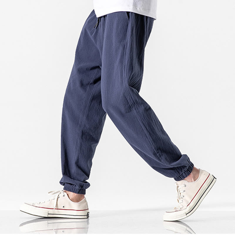 Solid Color Drawstring Cotton Men's Pants With Pockets