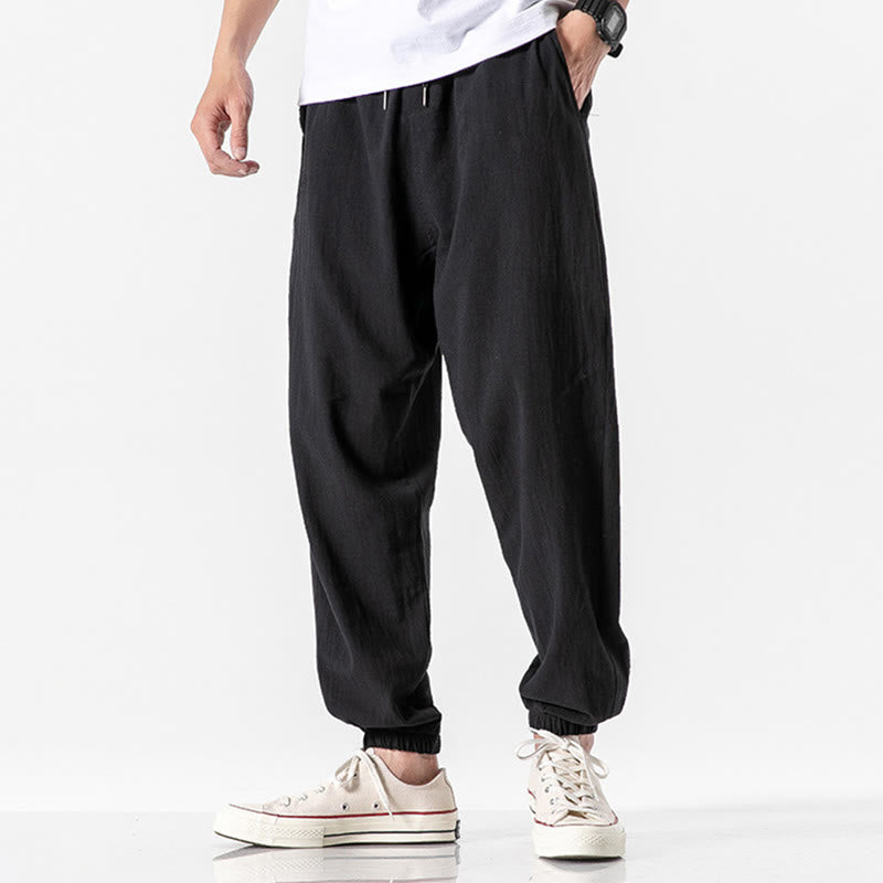 Solid Color Drawstring Cotton Men's Pants With Pockets
