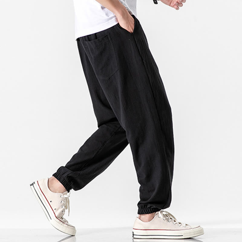 Solid Color Drawstring Cotton Men's Pants With Pockets