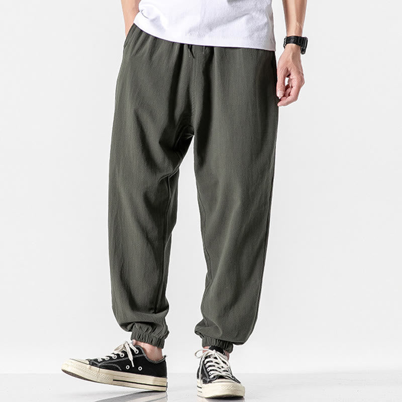 Solid Color Drawstring Cotton Men's Pants With Pockets