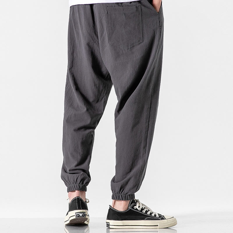Solid Color Drawstring Cotton Men's Pants With Pockets