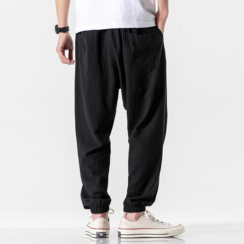 Solid Color Drawstring Cotton Men's Pants With Pockets