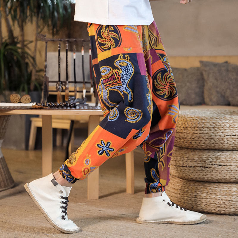 Breathable Cotton Grid Flower Print Mindful Movement Harem Pants