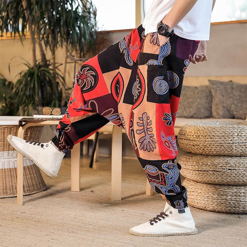 Breathable Cotton Grid Flower Print Mindful Movement Harem Pants