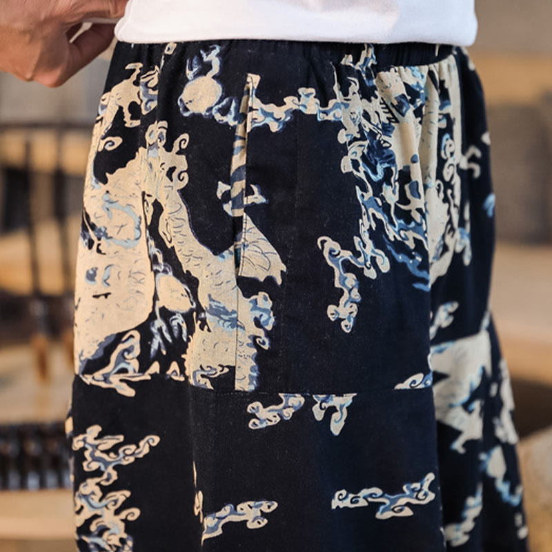 Chinese Dragon Pattern Cotton Men's Harem Pants With Pockets
