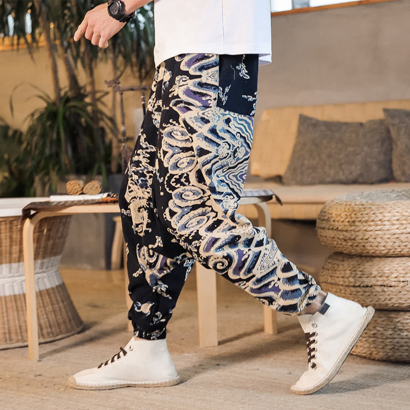 Chinese Dragon Pattern Cotton Men's Harem Pants With Pockets
