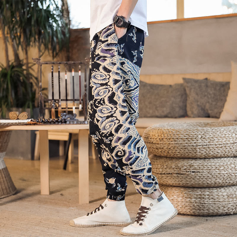 Chinese Dragon Pattern Cotton Men's Harem Pants With Pockets