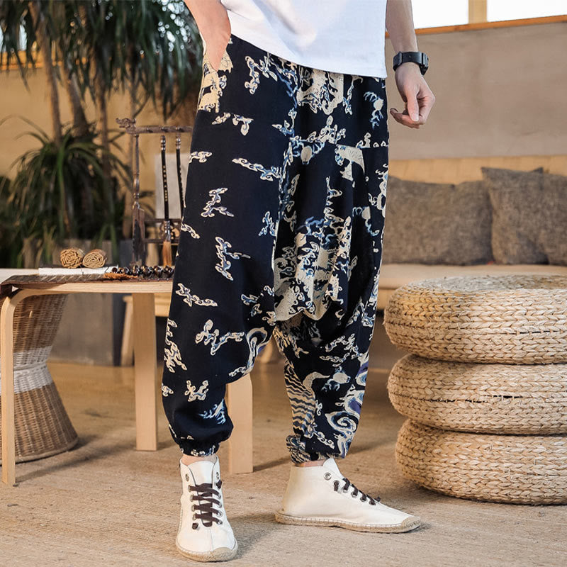 Chinese Dragon Pattern Cotton Men's Harem Pants With Pockets