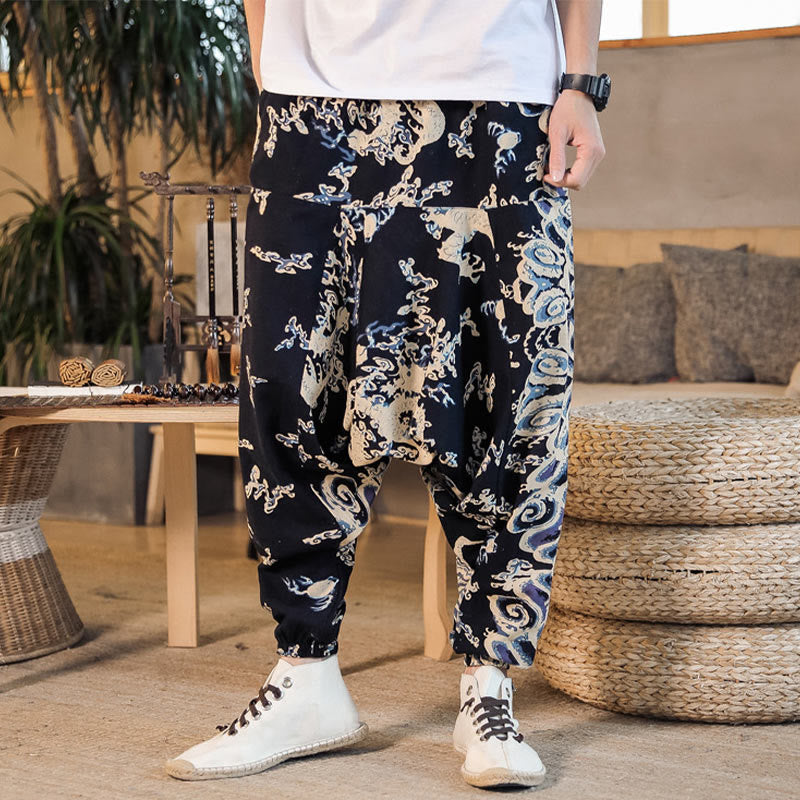 Chinese Dragon Pattern Cotton Men's Harem Pants With Pockets