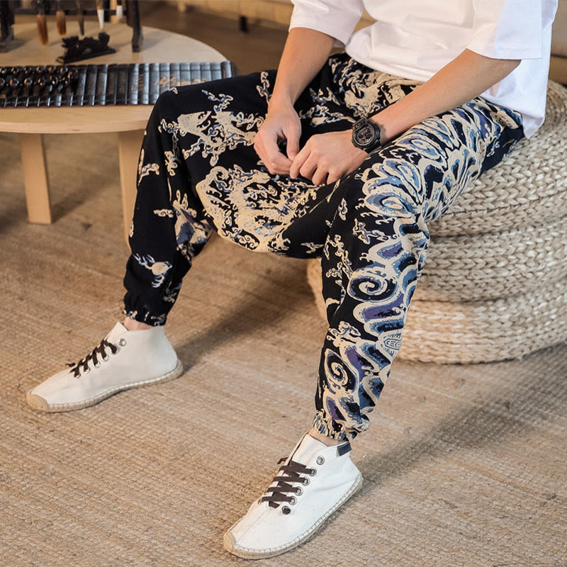 Chinese Dragon Pattern Cotton Men's Harem Pants With Pockets