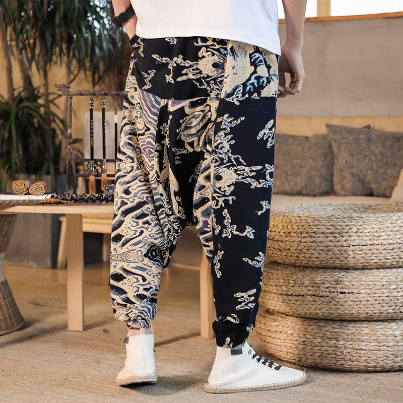 Chinese Dragon Pattern Cotton Men's Harem Pants With Pockets