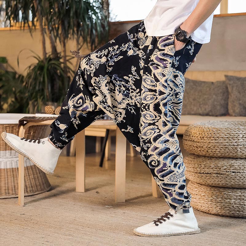 Chinese Dragon Pattern Cotton Men's Harem Pants With Pockets