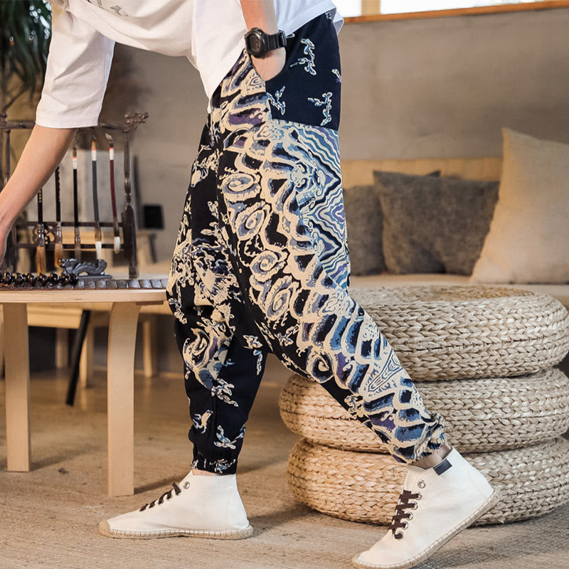 Chinese Dragon Pattern Cotton Men's Harem Pants With Pockets