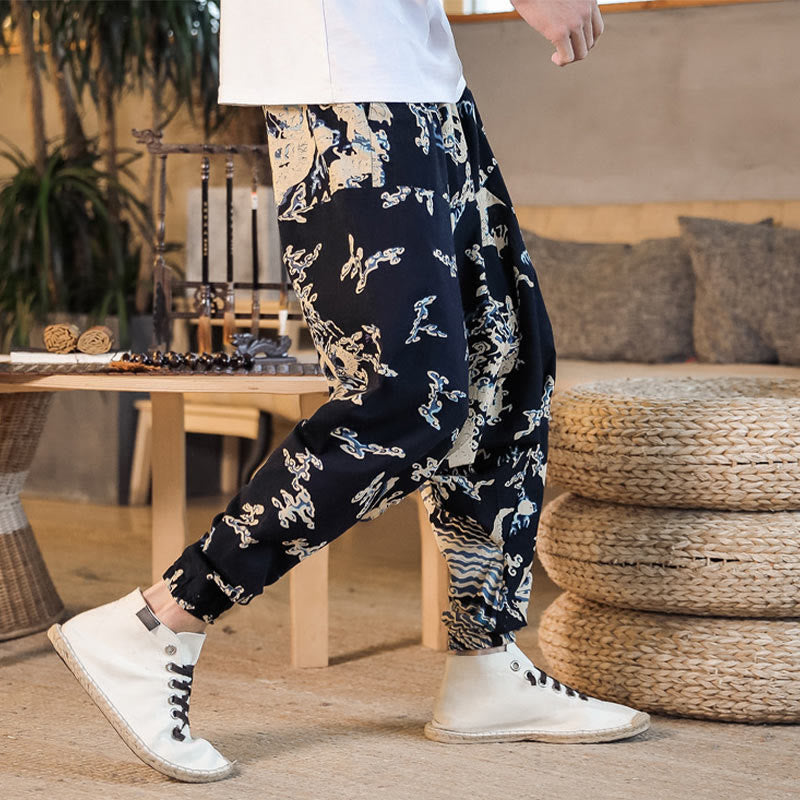 Chinese Dragon Pattern Cotton Men's Harem Pants With Pockets