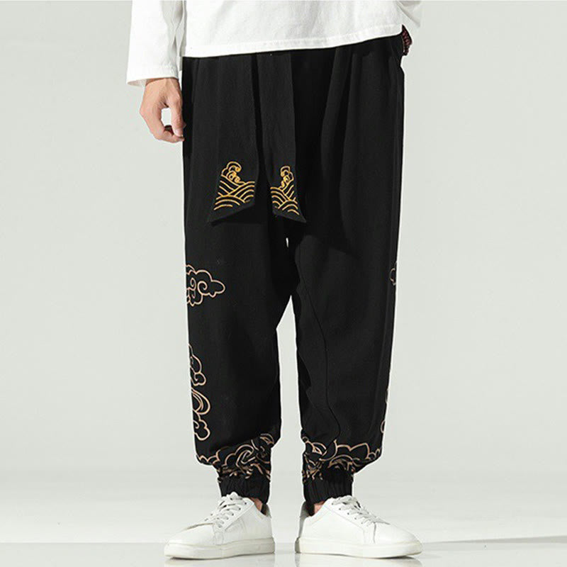 Auspicious Clouds Cotton Linen Men's Drawstring Harem Pants With Pockets
