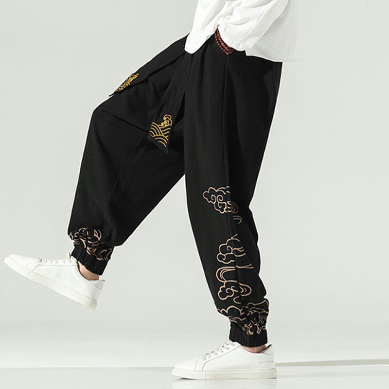 Auspicious Clouds Cotton Linen Men's Drawstring Harem Pants With Pockets