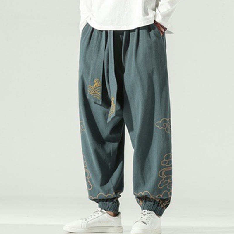 Auspicious Clouds Cotton Linen Men's Drawstring Harem Pants With Pockets