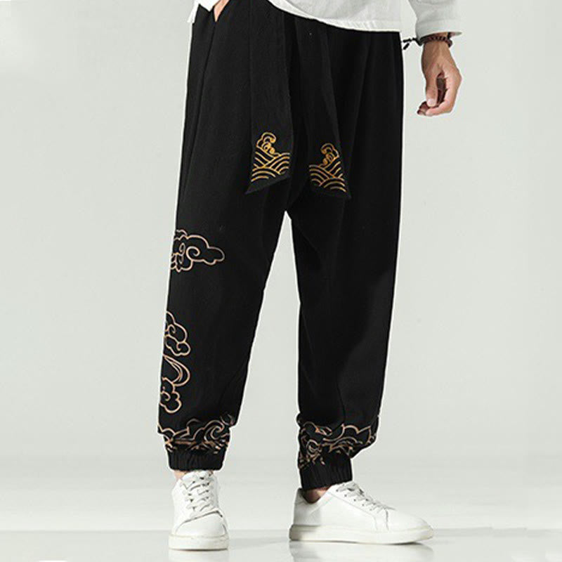 Auspicious Clouds Cotton Linen Men's Drawstring Harem Pants With Pockets