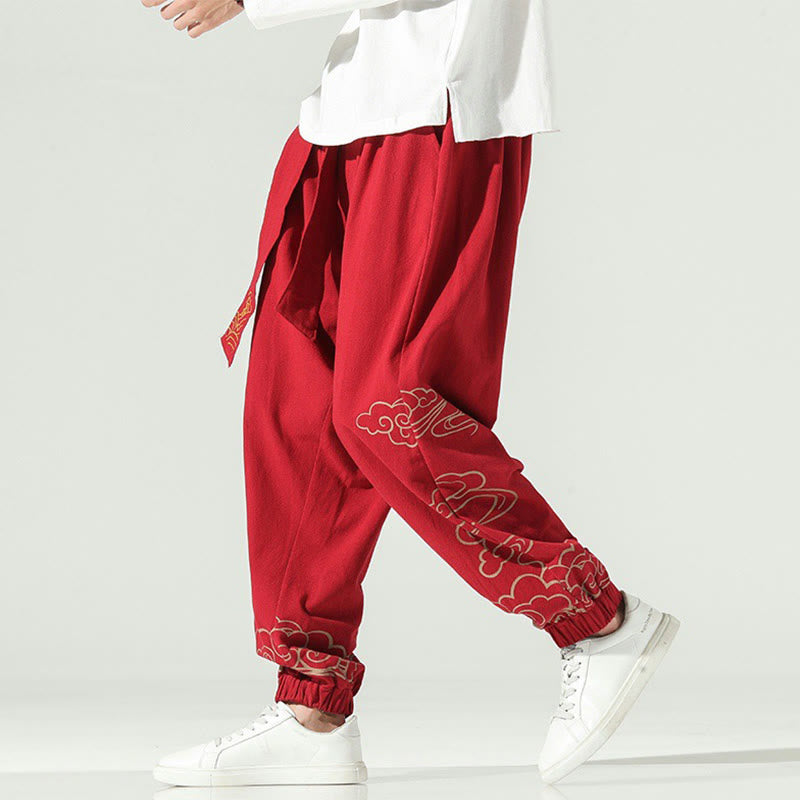Auspicious Clouds Cotton Linen Men's Drawstring Harem Pants With Pockets