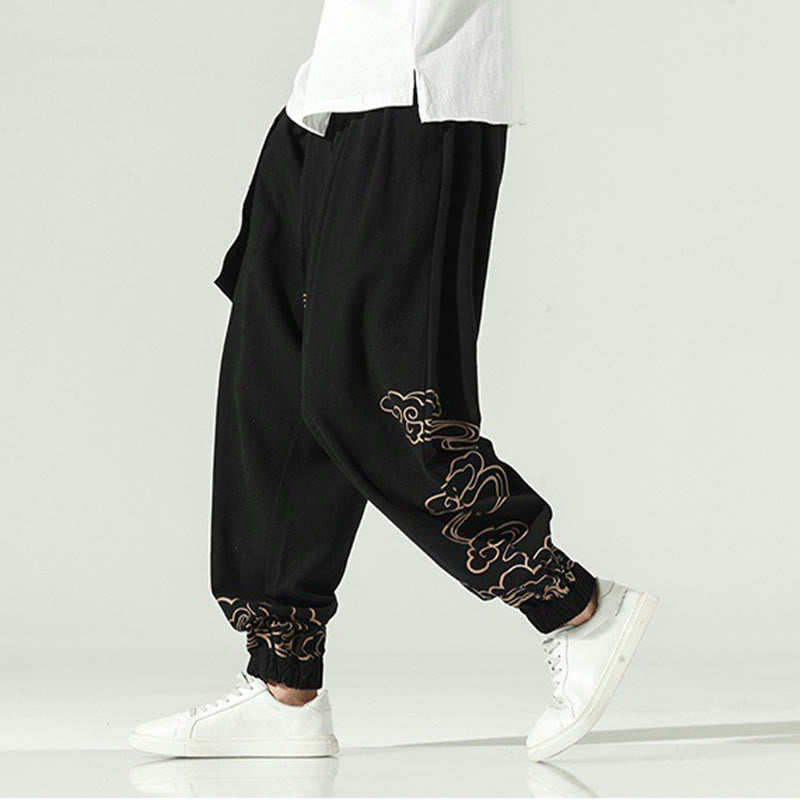 Auspicious Clouds Cotton Linen Men's Drawstring Harem Pants With Pockets