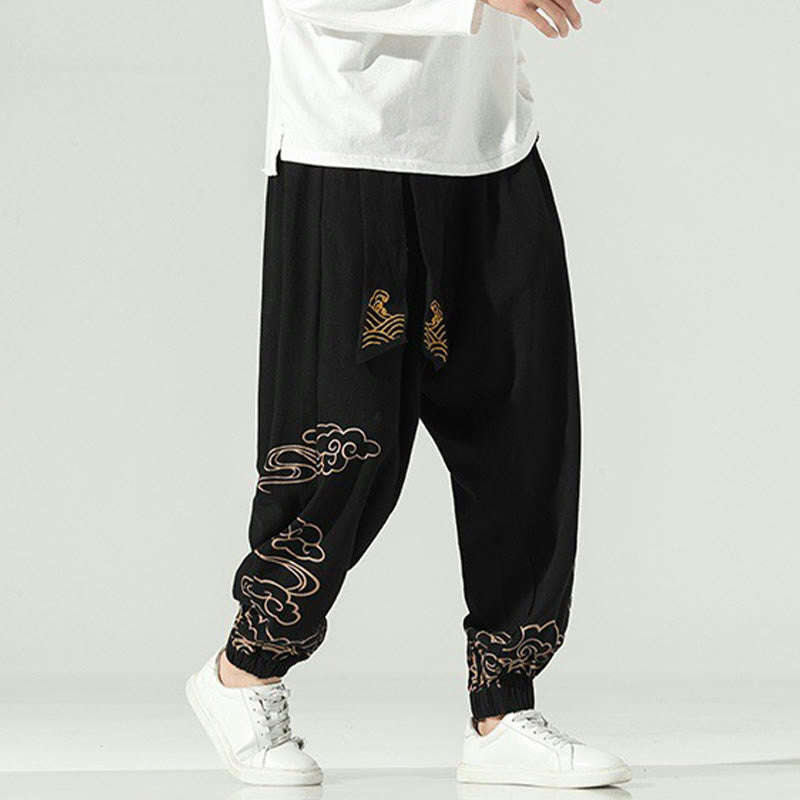 Auspicious Clouds Cotton Linen Men's Drawstring Harem Pants With Pockets