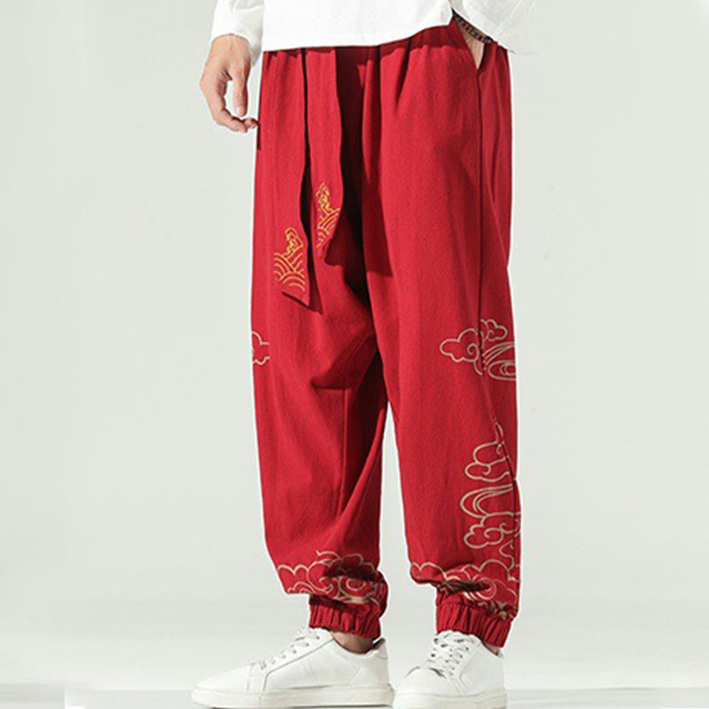 Auspicious Clouds Cotton Linen Men's Drawstring Harem Pants With Pockets