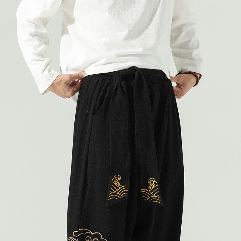 Auspicious Clouds Cotton Linen Men's Drawstring Harem Pants With Pockets