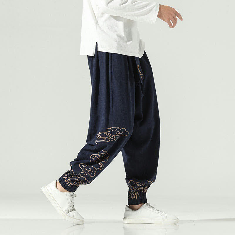 Auspicious Clouds Cotton Linen Men's Drawstring Harem Pants With Pockets