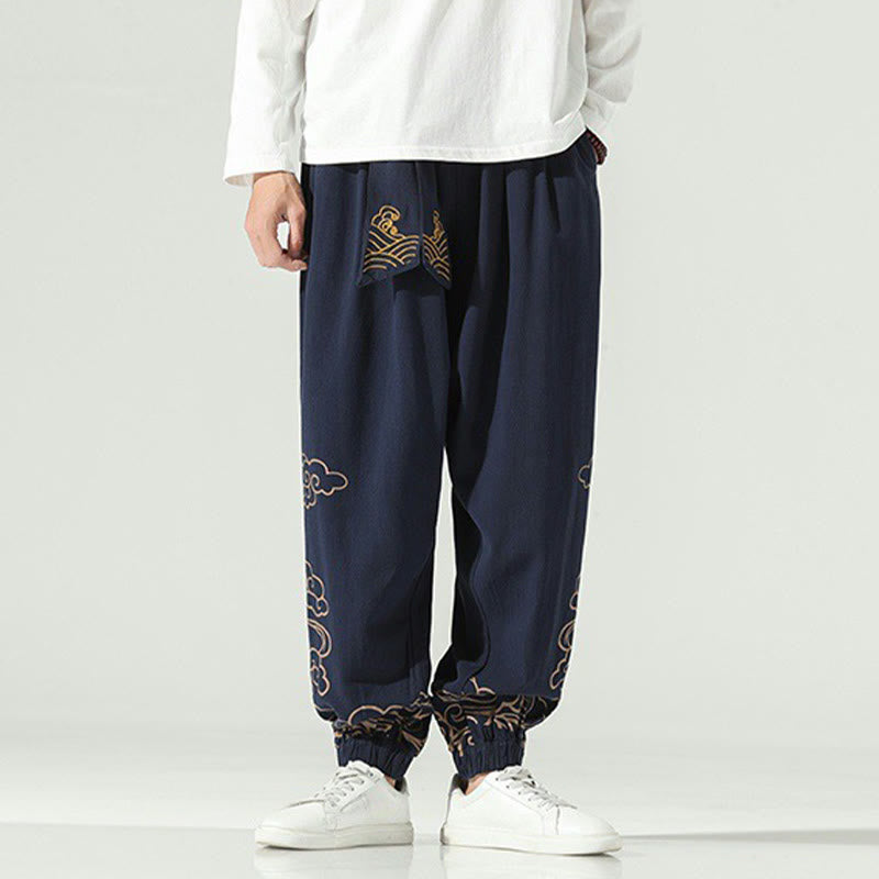 Auspicious Clouds Cotton Linen Men's Drawstring Harem Pants With Pockets