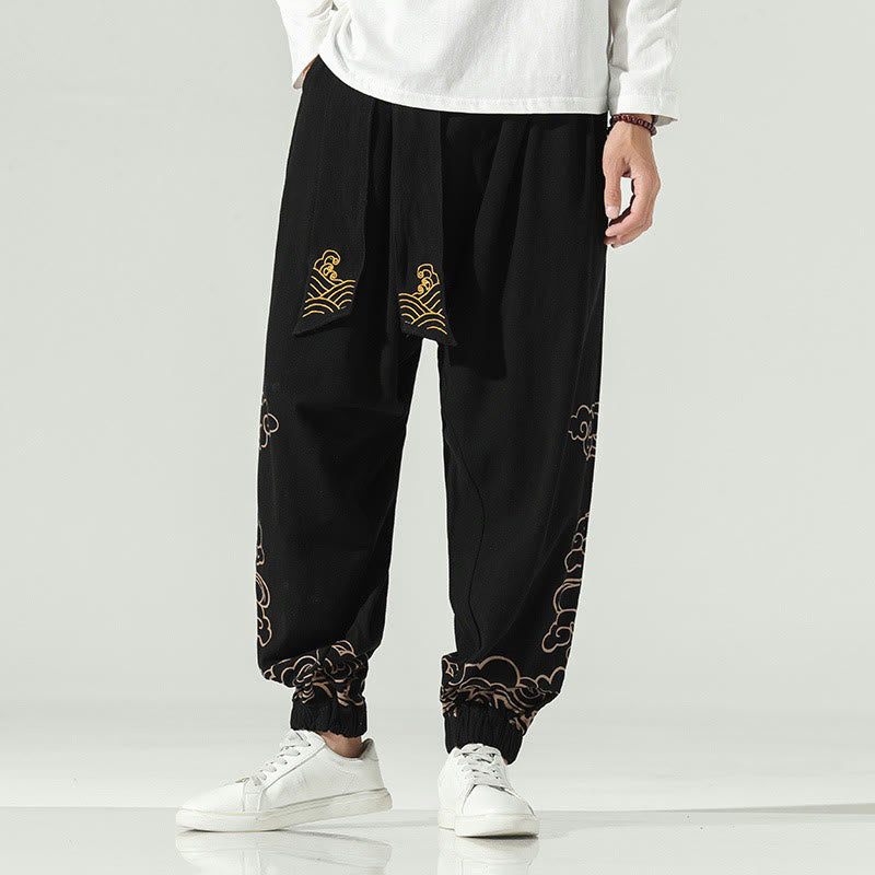 Auspicious Clouds Cotton Linen Men's Drawstring Harem Pants With Pockets