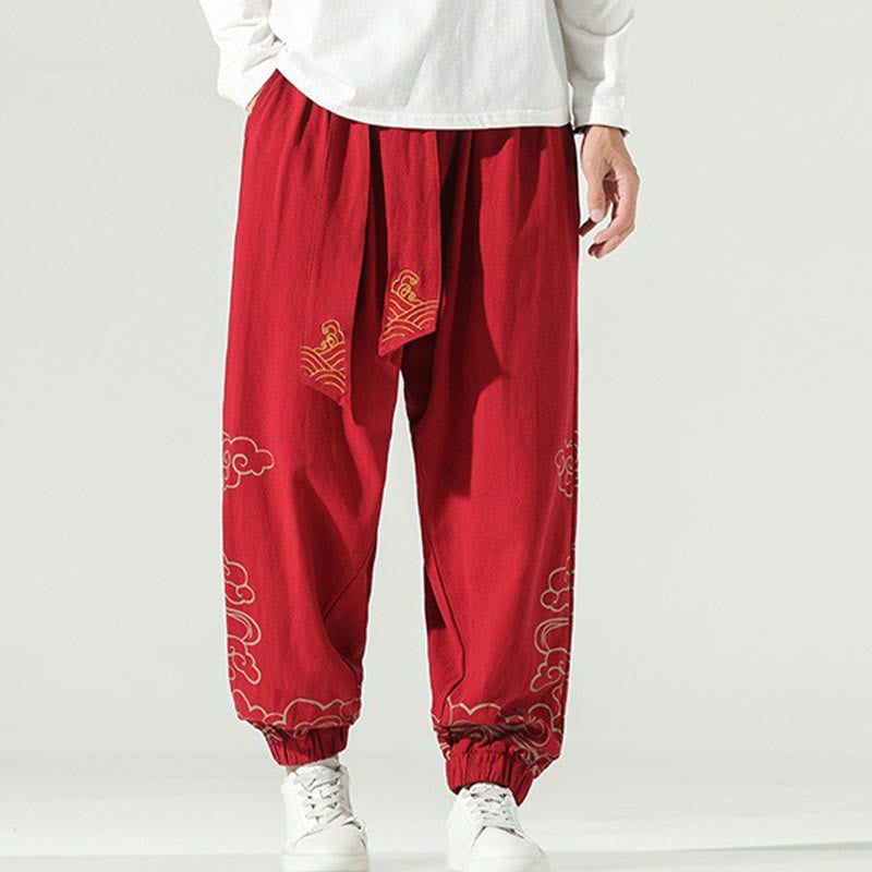 Auspicious Clouds Cotton Linen Men's Drawstring Harem Pants With Pockets