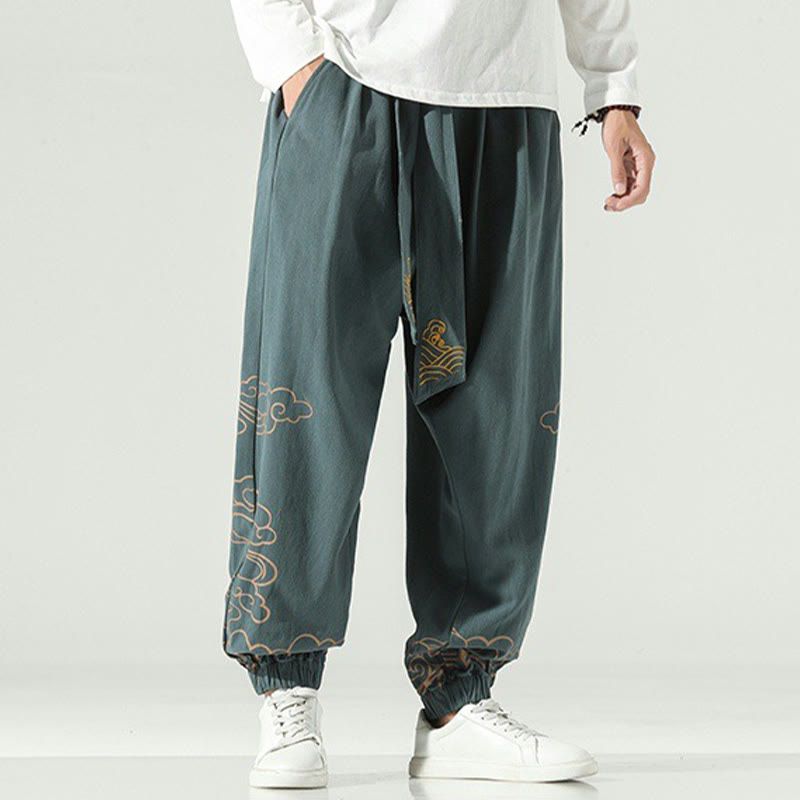 Auspicious Clouds Cotton Linen Men's Drawstring Harem Pants With Pockets