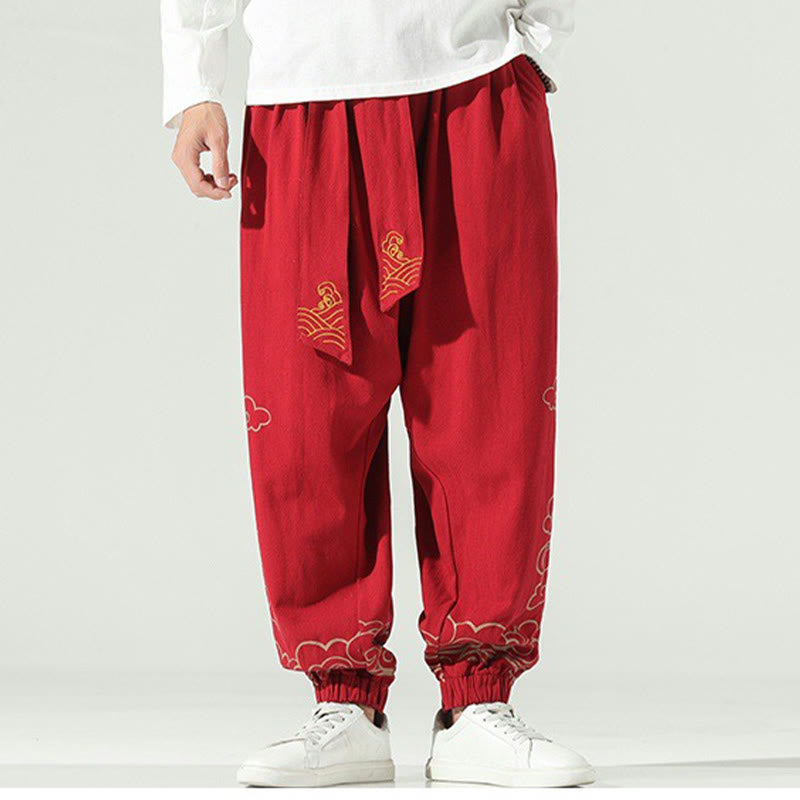 Auspicious Clouds Cotton Linen Men's Drawstring Harem Pants With Pockets