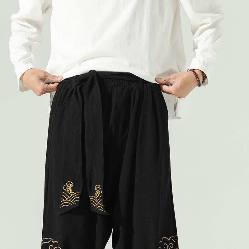 Auspicious Clouds Cotton Linen Men's Drawstring Harem Pants With Pockets