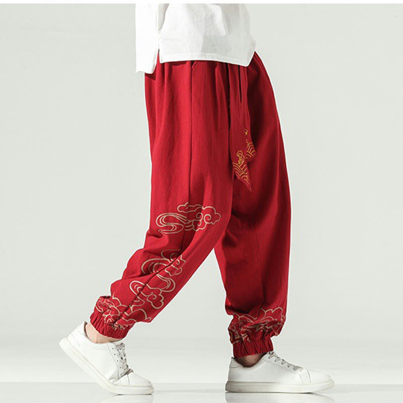 Auspicious Clouds Cotton Linen Men's Drawstring Harem Pants With Pockets