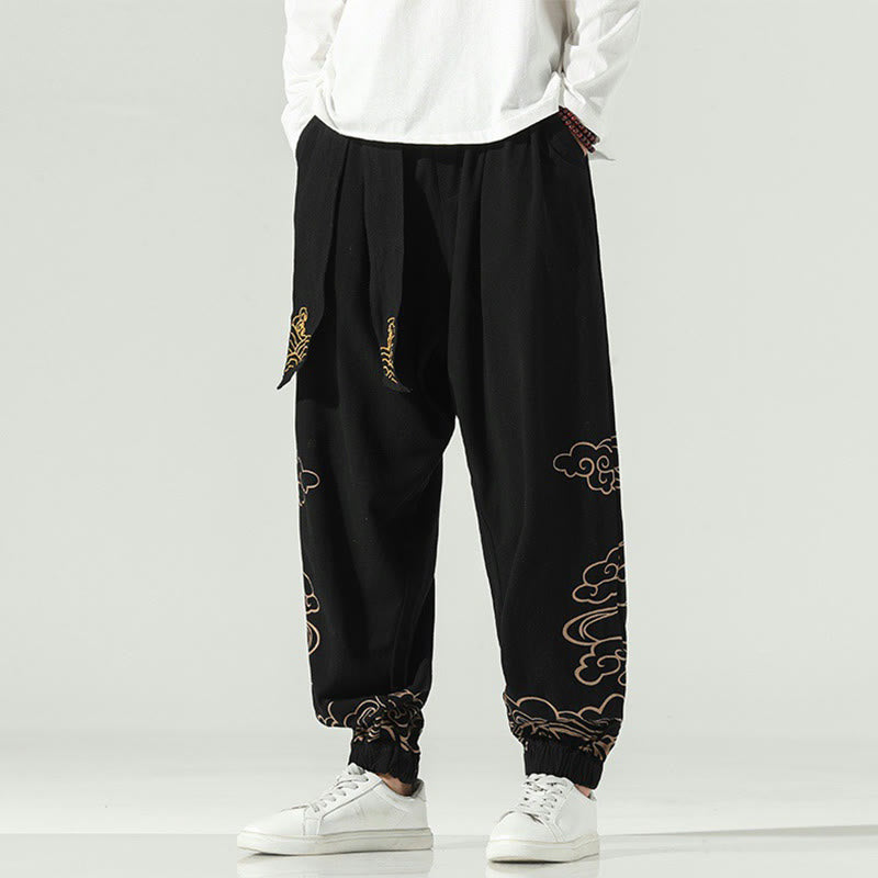 Auspicious Clouds Cotton Linen Men's Drawstring Harem Pants With Pockets