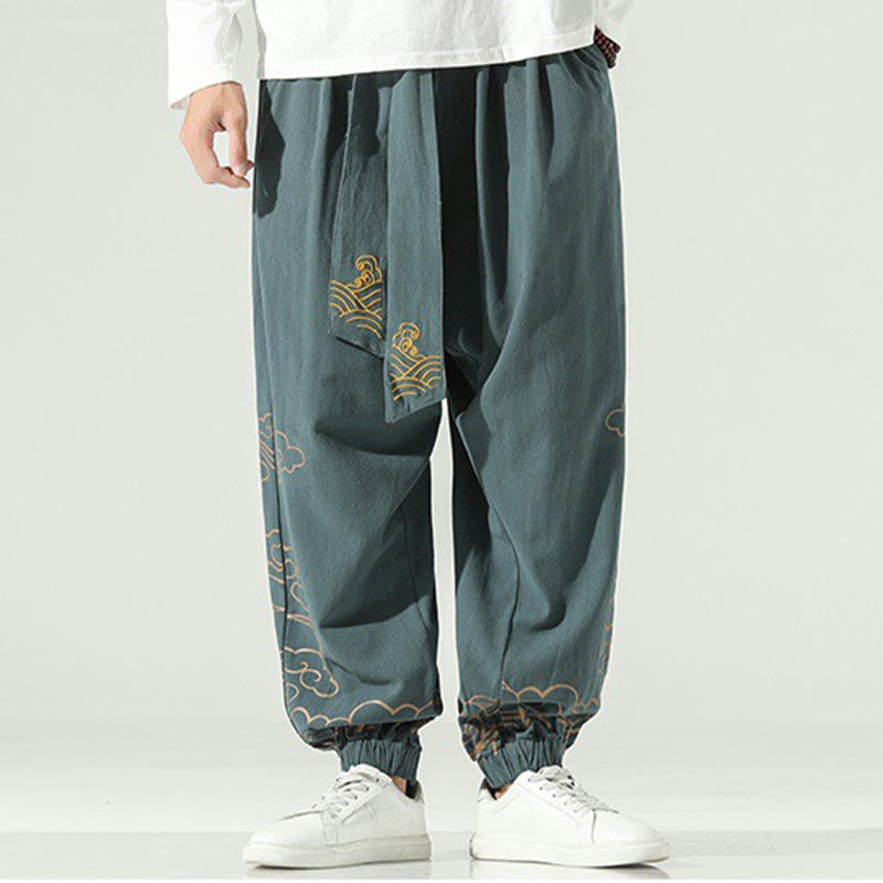 Auspicious Clouds Cotton Linen Men's Drawstring Harem Pants With Pockets