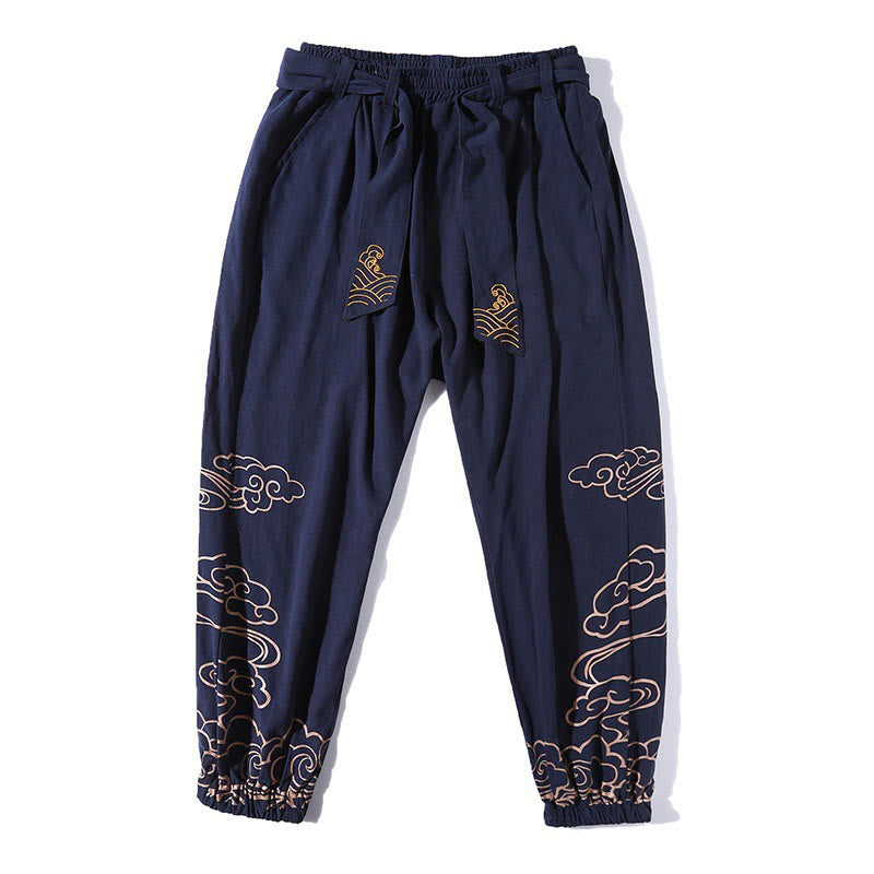 Auspicious Clouds Cotton Linen Men's Drawstring Harem Pants With Pockets