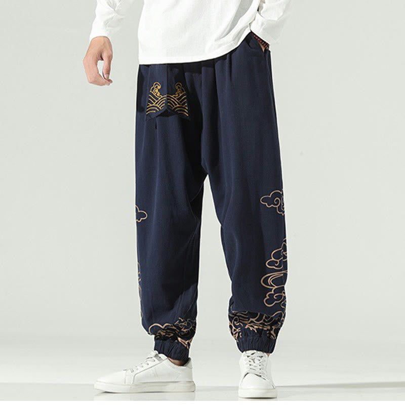Auspicious Clouds Cotton Linen Men's Drawstring Harem Pants With Pockets