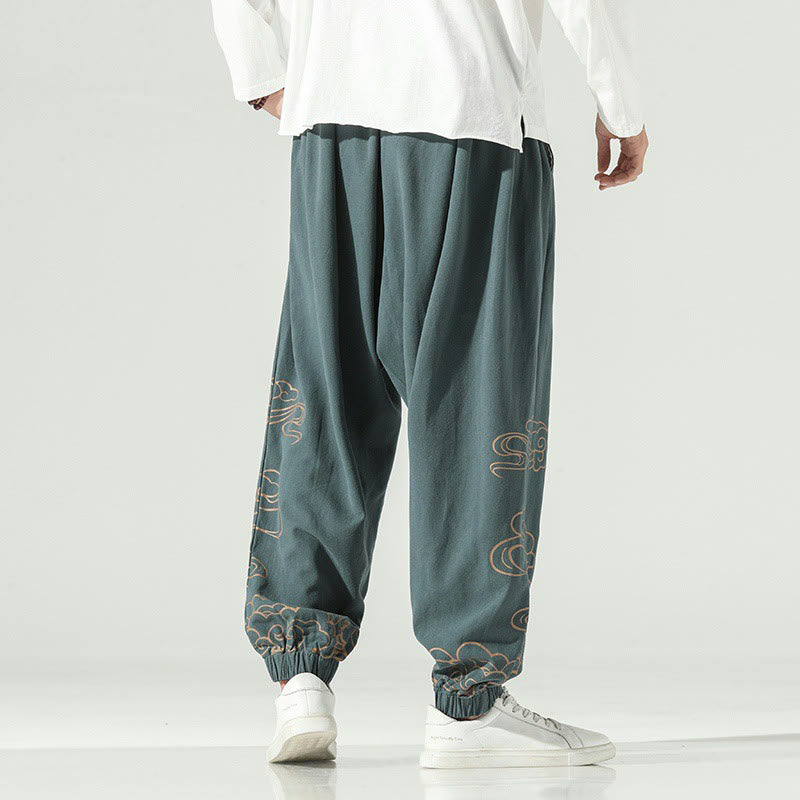 Auspicious Clouds Cotton Linen Men's Drawstring Harem Pants With Pockets