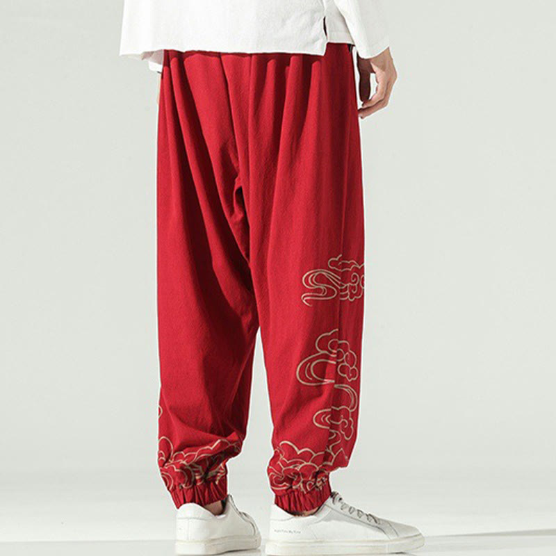 Auspicious Clouds Cotton Linen Men's Drawstring Harem Pants With Pockets