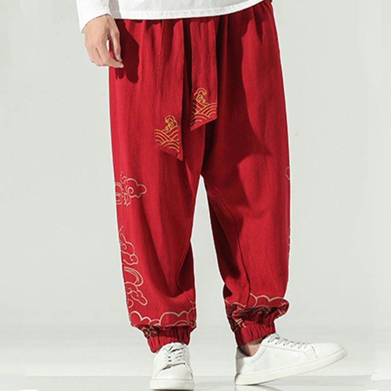 Auspicious Clouds Cotton Linen Men's Drawstring Harem Pants With Pockets