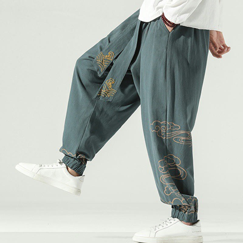 Auspicious Clouds Cotton Linen Men's Drawstring Harem Pants With Pockets