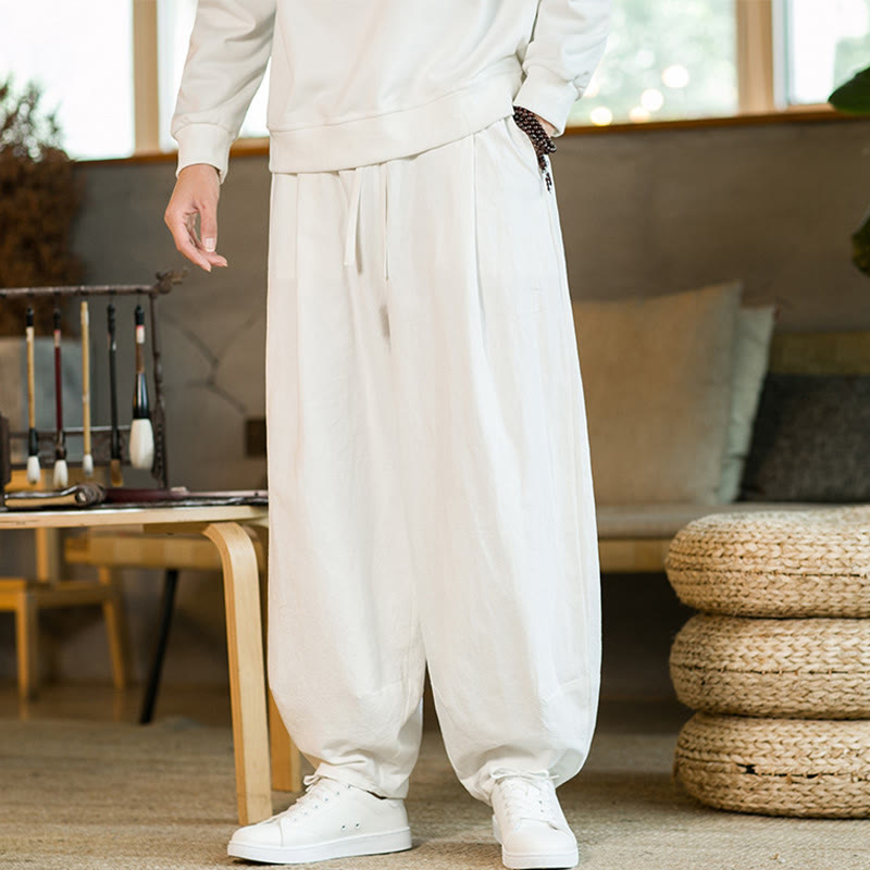 Solid Color Cotton Linen Drawstring Men's Harem Pants With Pockets
