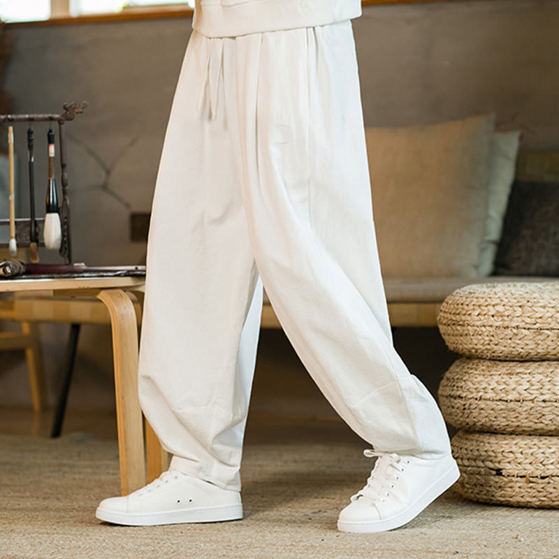 Solid Color Cotton Linen Drawstring Men's Harem Pants With Pockets